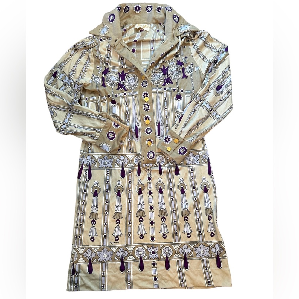 VTG 70s PAGANNE Gene Berk Long Sleeve Button Shirt Dress M L Lions Flowers